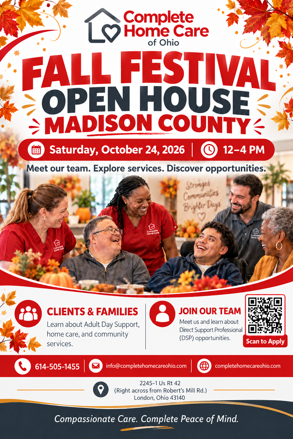 Madison County Fall Festival Open House flyer: October 24, 2026, noon to 4 p.m. at 2245-1 Us Rt 42, London, Ohio 43140. Clients, families, and DSP applicants welcome.