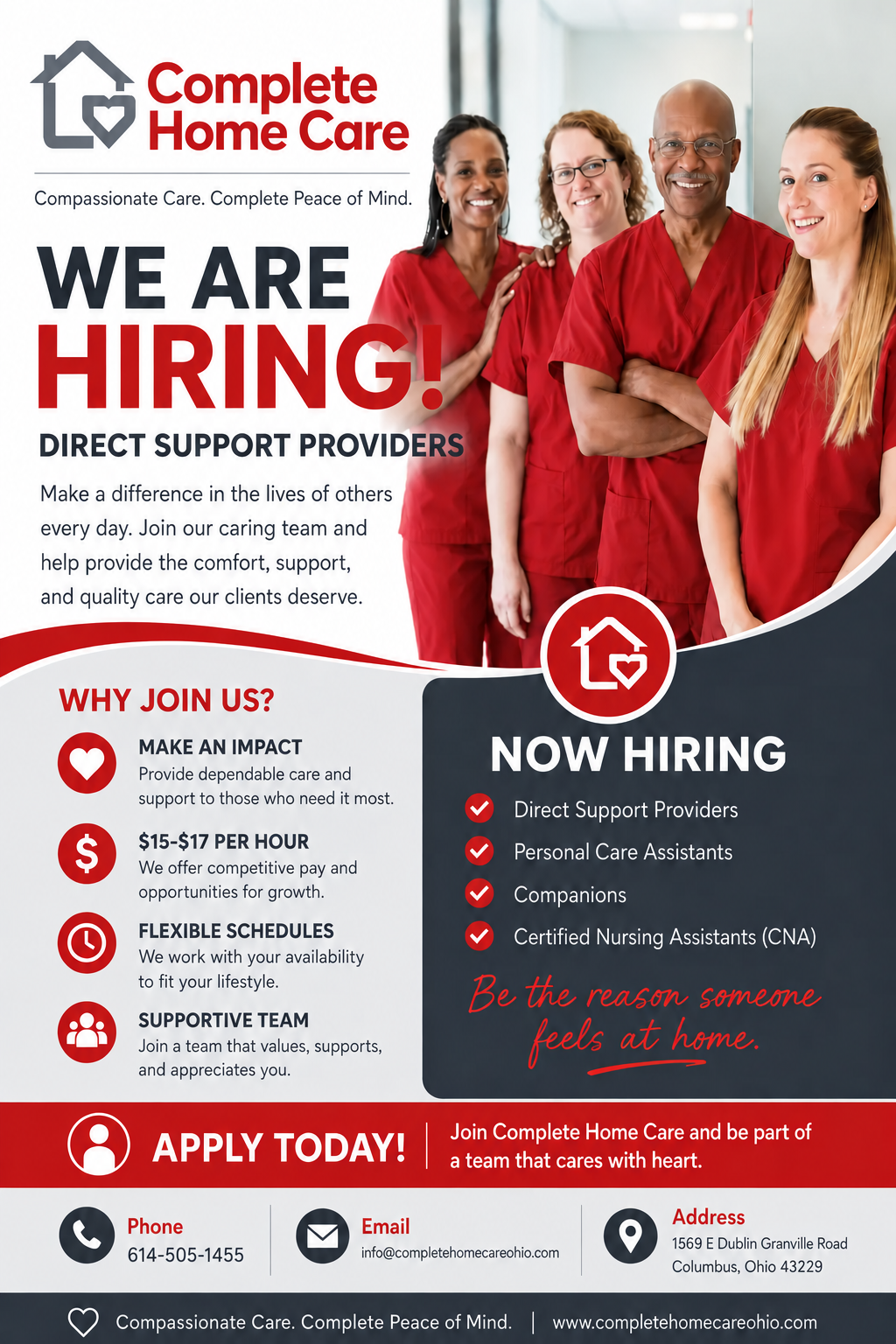Complete Home Care hiring flyer: Direct Support Providers, Personal Care Assistants, Companions and Certified Nursing Assistants; $15–$17 per hour and flexible schedules